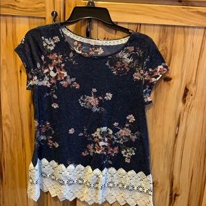 Rewind Dark Blue Floral Lace-Bottomed Top, L